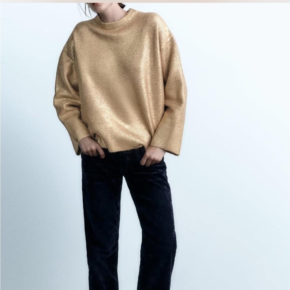 SOLD Zara foil knit gold metallic sweater size medium oversized - Picture 5 of 16